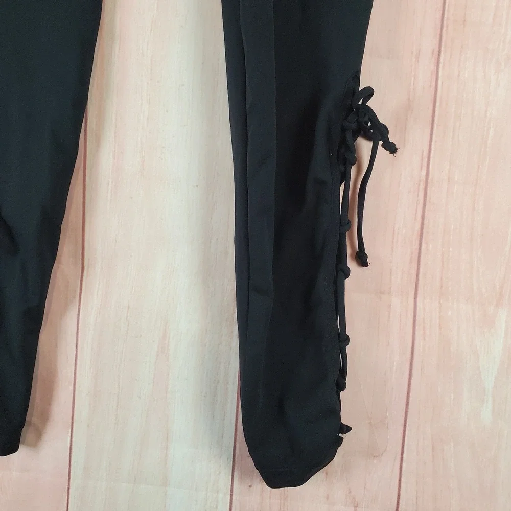 Free People Movement Leggings Womens M/L Black Nylon Stretch Ankle Lace Up Yoga